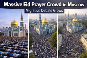Eid Prayer Moscow Crowd gathered outside Moscow Cathedral Mosque during Eid celebration