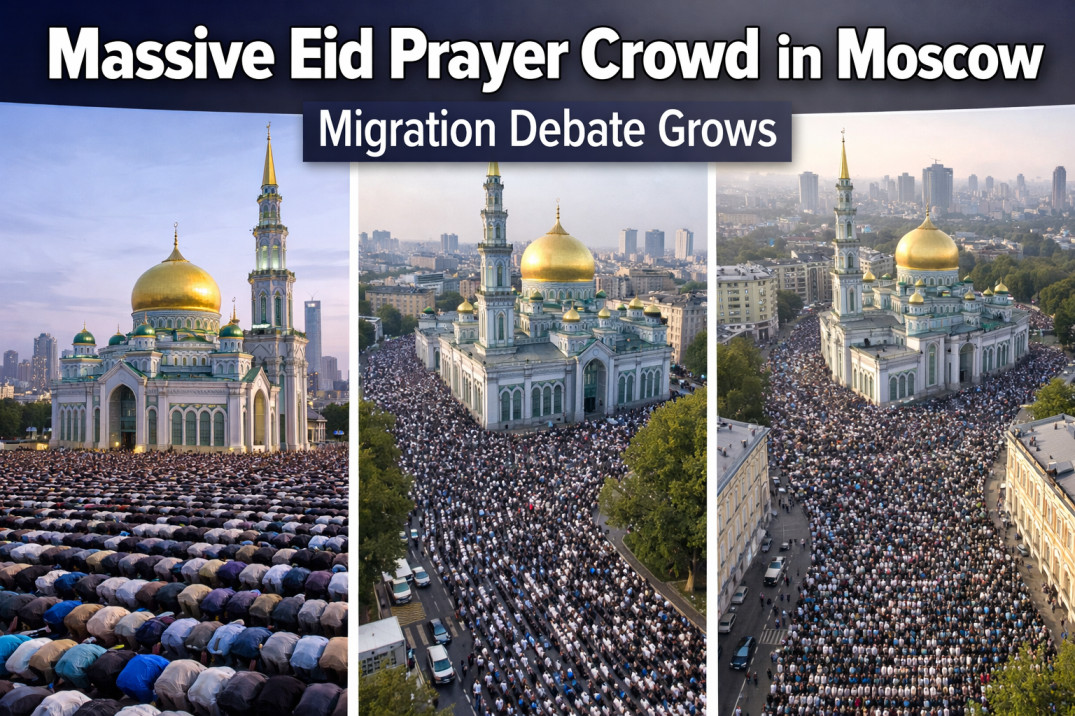 Eid Prayer Moscow Crowd gathered outside Moscow Cathedral Mosque during Eid celebration