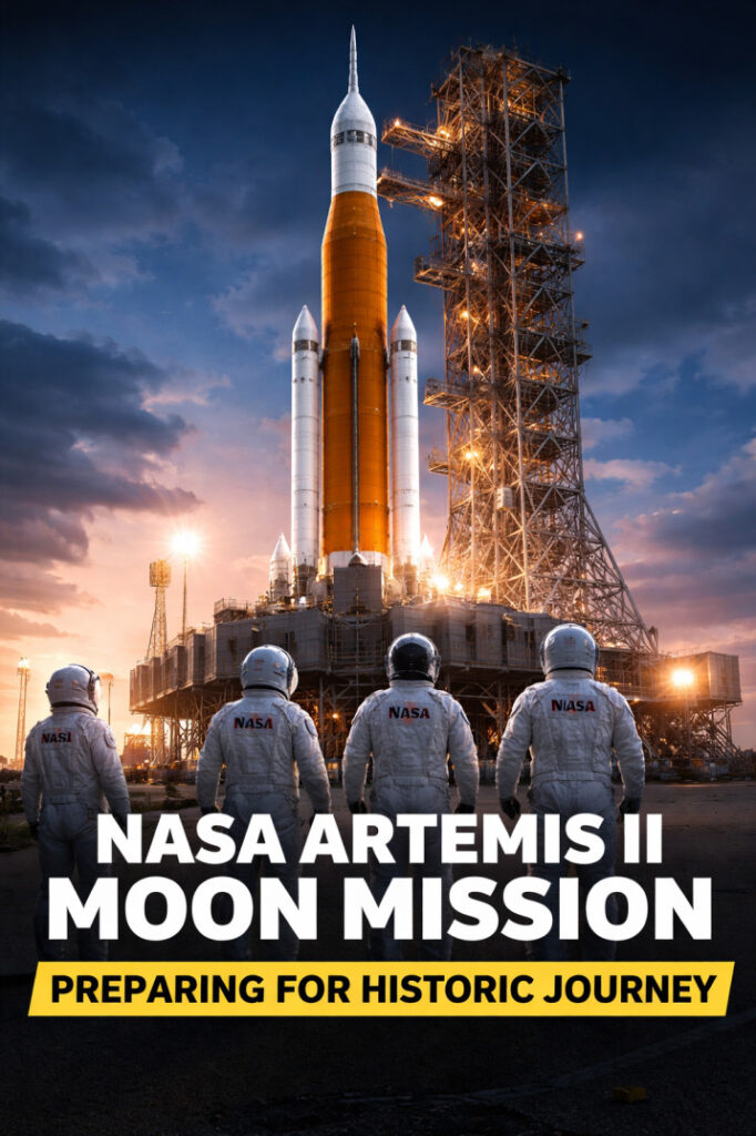 NASA Artemis II Moon Mission rocket and astronauts preparing for historic lunar journey