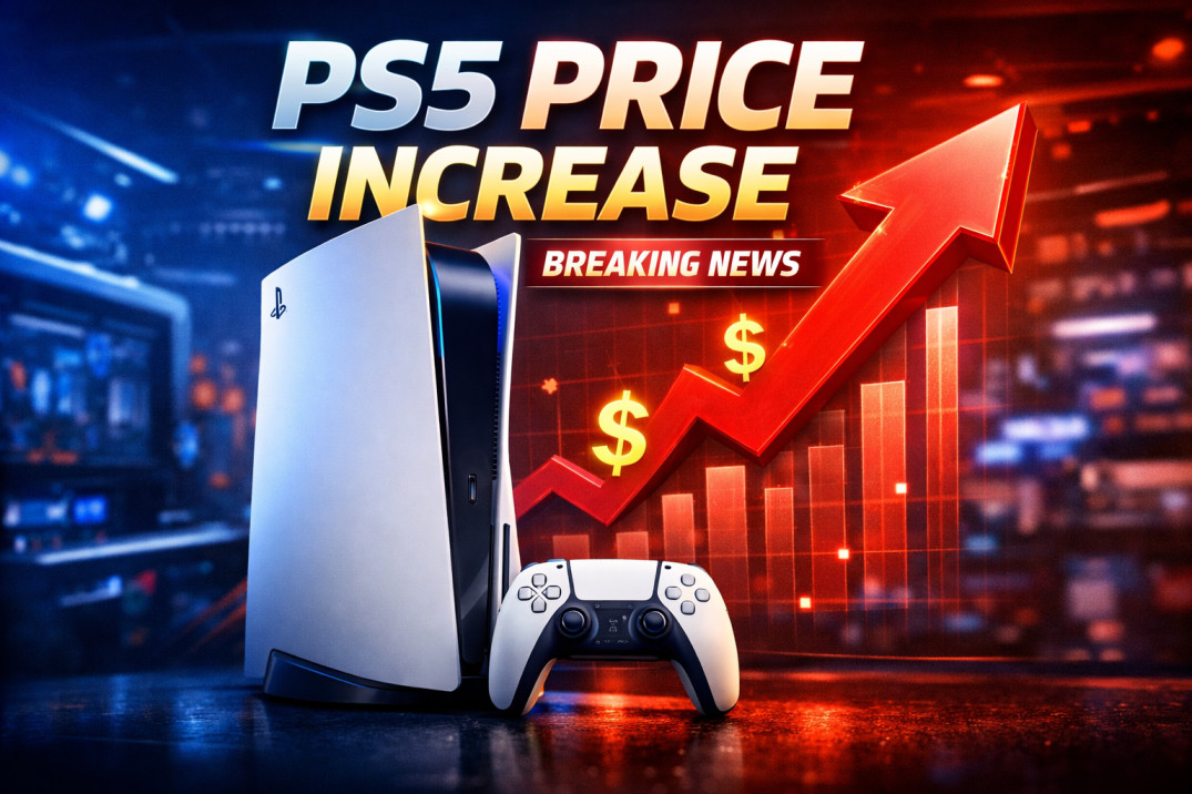 PS5 price increase news illustration showing gaming console with rising price graph and dollar symbol