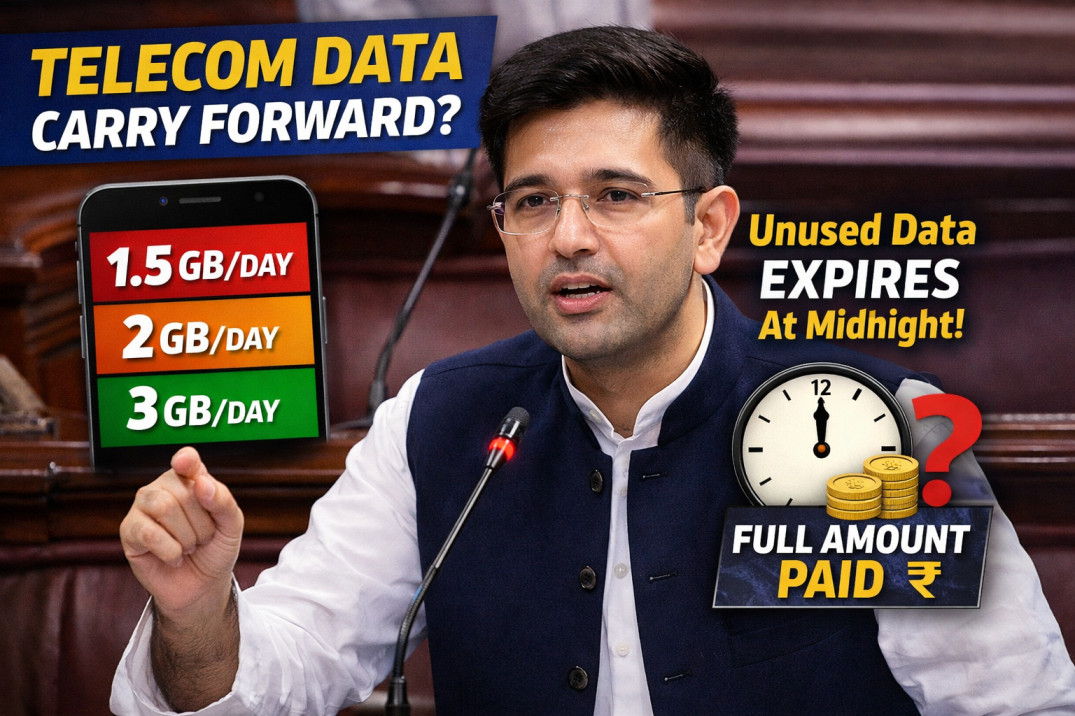 Raghav Chadha speaking about telecom data carry forward and unused mobile data expiry issue in Parliament