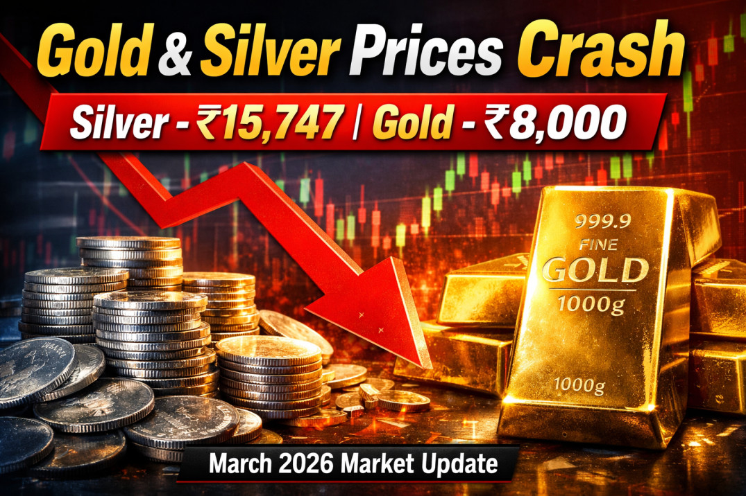 Gold Silver Price Today showing gold bars and silver coins with a market price drop
