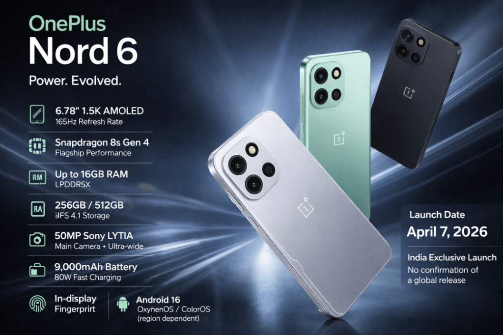 OnePlus Nord 6 smartphone showing 6.78 inch AMOLED display, Snapdragon 8s Gen 4 processor, 50MP camera and 9000mAh battery features