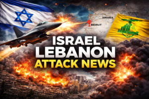 Israel Lebanon Attack News showing Israel airstrikes on Hezbollah targets in Lebanon after US-Iran ceasefire