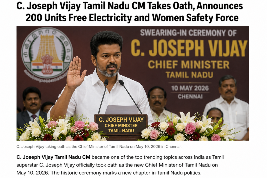 C. Joseph Vijay Tamil Nadu CM taking oath in Chennai during swearing-in ceremony 2026