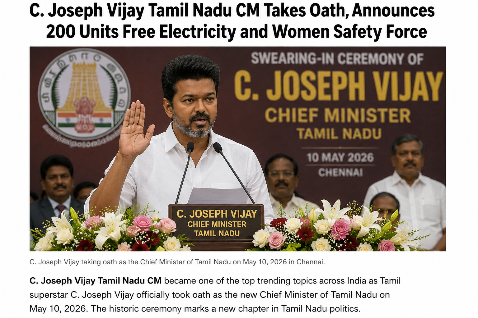 C. Joseph Vijay Tamil Nadu CM taking oath in Chennai during swearing-in ceremony 2026