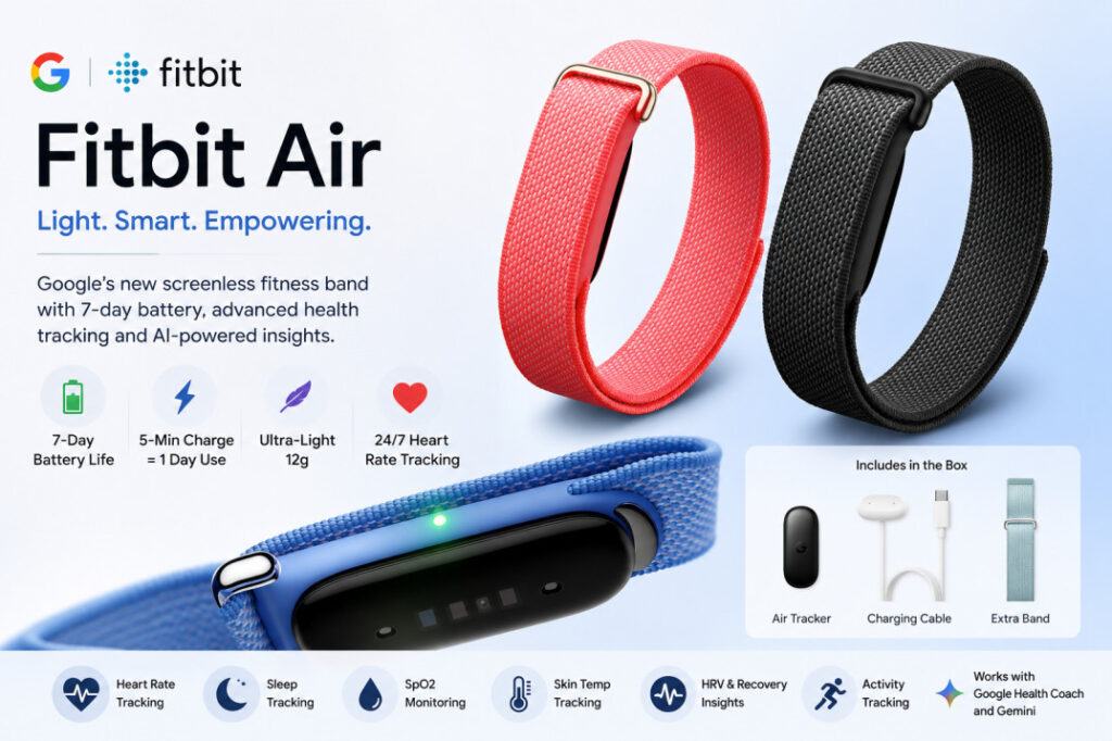 Google Fitbit Air screenless fitness tracker with AI health tracking and 7-day battery life
