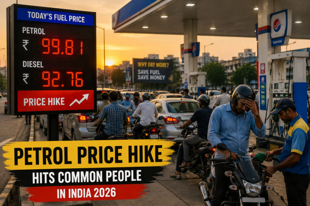 Petrol Price Hike at Indian petrol pump with rising fuel prices and crowded vehicles