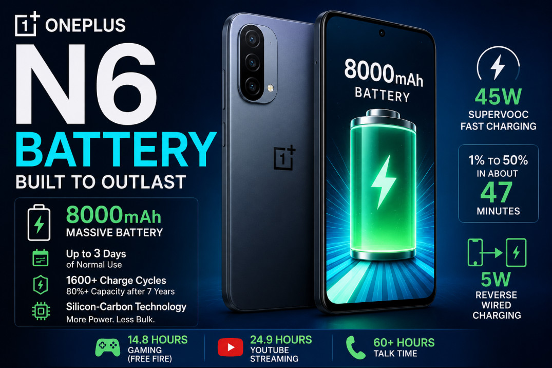 OnePlus N6 battery with 8000mAh battery and 45W fast charging