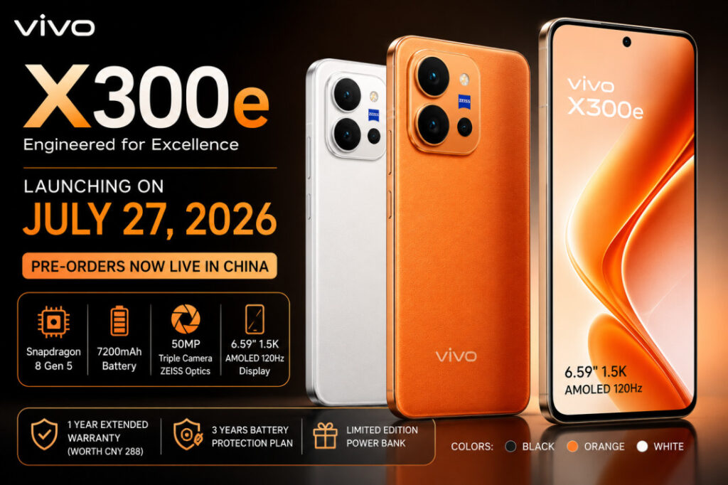 Vivo X300e phone showing rear camera design and orange color option